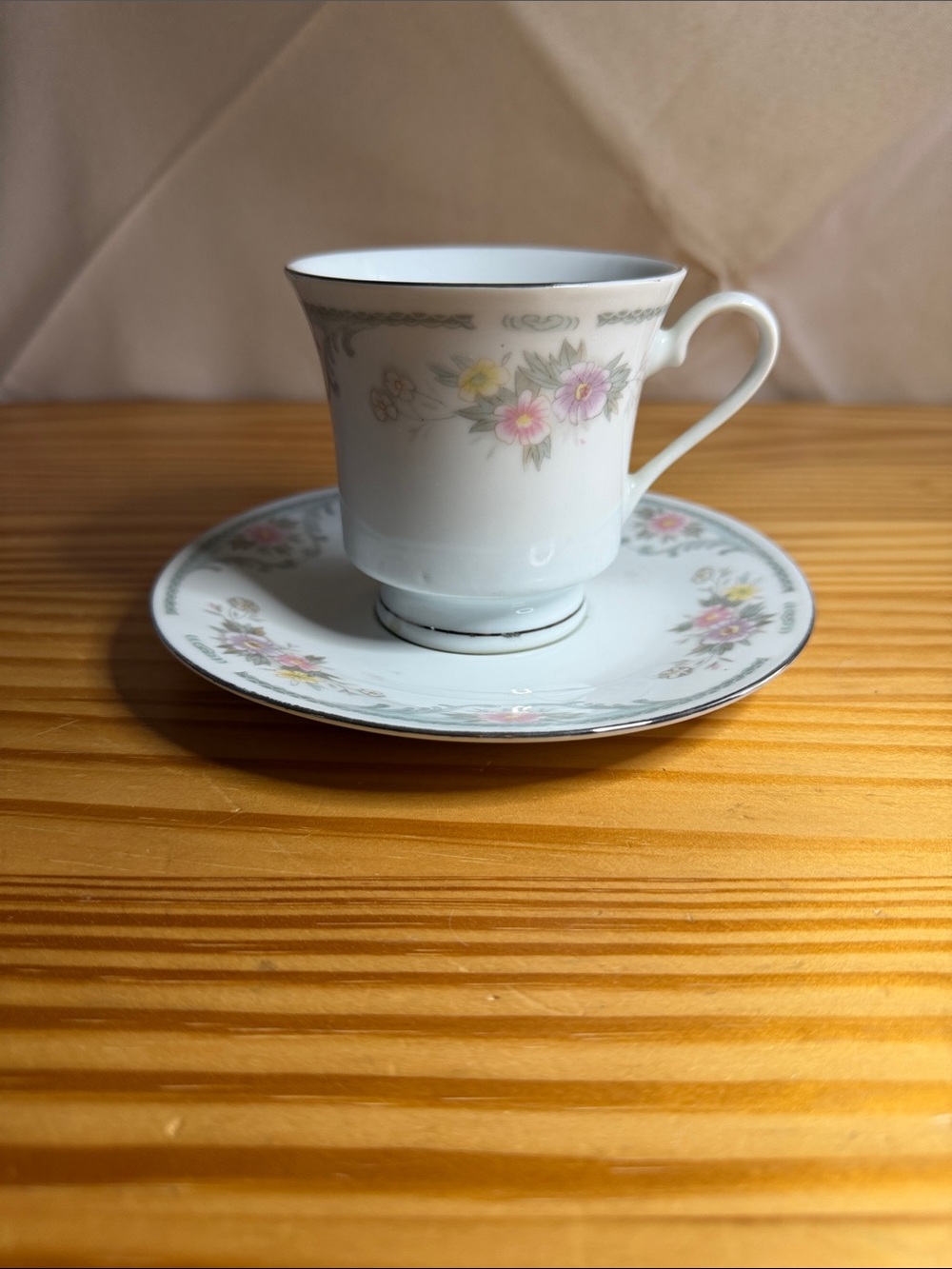 Vintage Jingdezhen China Porcelain Teacup & Saucer Set Floral Pagoda Mark